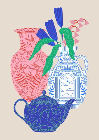 Illustration of three ornate vessels: a red vase with bird patterns, a blue and white jar with cloud and vine designs holding purple flowers, and a blue teapot with a cherub motif. All part of the Roman Vase & Teapot by Benjomo collection by fap against a plain beige background.