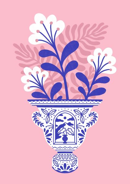 Illustration of a decorative blue and white vase with intricate leaf and animal designs. The Roman Vase with Plants by Benjomo Art Print showcases the vase holding stylized blue and white flowers, with pink abstract foliage in the background, all set against a pink backdrop. Part of the Featured Artists Collection by fap.