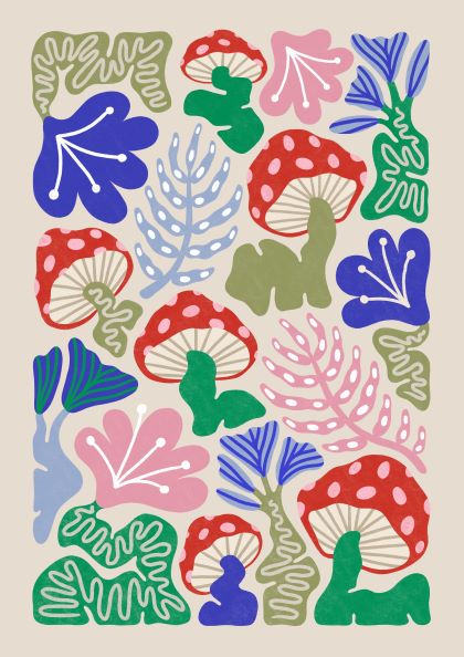 A whimsical illustration from the Squishy Mushrooms by Benjomo, featuring red and white mushrooms surrounded by abstract, colorful foliage in blue, green, pink, and purple hues. Set against a light beige background, the stylized organic shapes and patterns create a playful, vibrant scene from the fap Featured Artists Collection.
