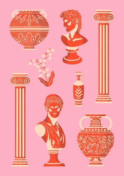 Illustration on a pink background featuring **Roman Artifacts by Benjomo** from the **fap** Featured Artists Collection. Items include two busts, two columns, two vases, a small bottle, and a sprig of leaves. The artifacts are in shades of orange and red, detailed with classic Greco-Roman patterns.