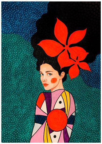 The "Good Luck" art print by Hulya Ozdemir, part of the MEZ 220 brand, features a woman with prominent facial features dressed in a multi-colored outfit adorned with geometric patterns. Her voluminous black hair is embellished with vibrant red flowers. The background showcases abstract patterns in green, blue, and white dots from the Featured Artists Collection.