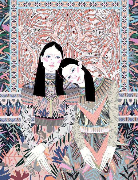 The illustration, "Sisters by Sasha Ignatiadou," depicts two women in intricately patterned clothing with geometric and floral designs. They have long black hair and stand close together, with one leaning her head on the other's shoulder. The background features a complex, vibrant mosaic of abstract shapes. Part of the MEZ 231 Featured Artists Collection, this art print is rendered on premium quality 200gsm Matte Art Paper and measures 50x70cm.