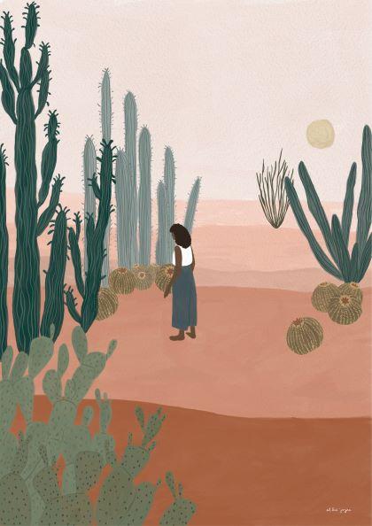 Illustration by Featured Artist Chloe Joyce: "The Wanderer by Chloe Joyce 50x70cm" (MEZ 212) depicts a person with dark skin and curly hair, wearing a white top and long blue skirt, walking in a desert among various types of green cacti under a golden sun. The landscape's warm, earthy tones and minimalistic style make this art print captivating.