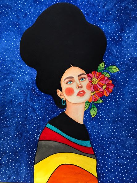 Oh my Thieving Heart" by Hulya Ozdemir, part of the Featured Artists Collection from fap, depicts a woman with voluminous black hair against a starry blue background. She wears a colorful striped top and has red blush on her cheeks. A bunch of vibrant flowers is tucked behind her left ear, and she's adorned with a blue earring.