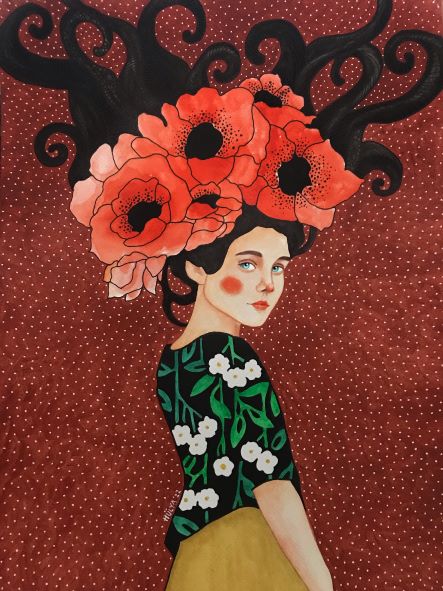 A stylized illustration of a woman with red poppies intertwined in her wavy black hair. She wears a green top with white flowers and a mustard-yellow skirt, set against a red background with small white dots. This art print, titled "No Bird - Hulya Ozdemir" from the brand fap's Featured Artists Collection, captures her gazing forward with a pensive expression on 250gsm satin paper.