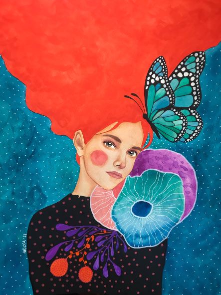 A vivid portrayal featuring a woman with striking bright red hair, styled in an exaggerated, voluminous fashion. Her peaceful expression is complemented by a large, intricately detailed blue butterfly adorning her hair, while abstract floral and organic shapes in vibrant colors encircle her. This piece is part of the Featured Artists Collection by Hulya Ozdemir from the brand fap and is titled "Resistance - Hulya Ozdemir.