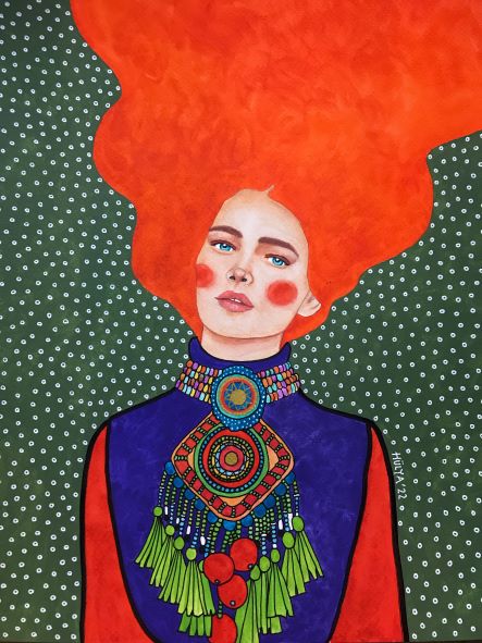 Introducing the "I know My Eyes - Hulya Ozdemir" Art Print from the fap brand. This vibrant print showcases a woman with flowing orange hair, adorned in colorful attire with intricate patterns and tassels in blue, green, and red. The green background speckled with white polka dots accentuates her exaggerated red blush and bold makeup. This striking piece is part of the Featured Artists Collection by Hulya Ozdemir.