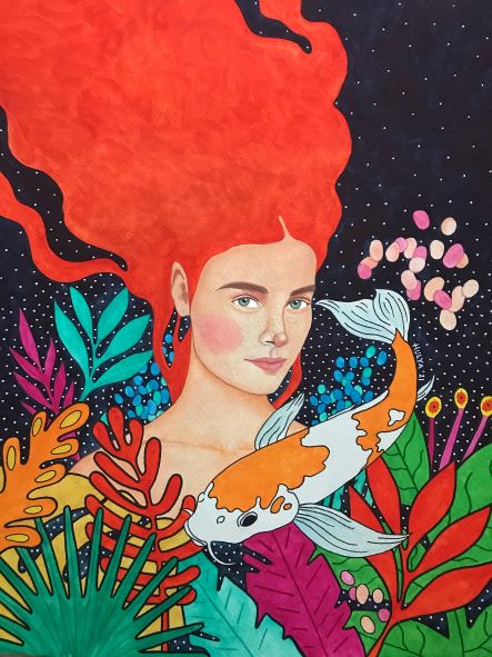 The vibrant painting "Don't You Wanna Feel Alive" by featured artist Hulya Ozdemir showcases a woman with bright red hair flowing upwards, surrounded by colorful plants. A large orange and white koi fish swims around her, set against a dark starry sky that adds a whimsical and dreamy atmosphere. This high-quality art print on 250gsm satin paper is brought to you by fap.