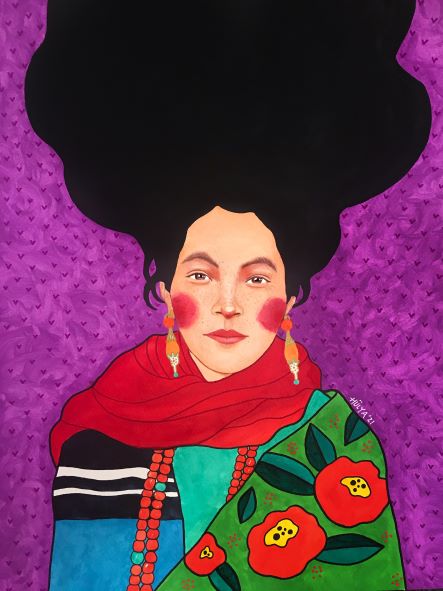 The "Visible To Me - Hulya Ozdemir" by A5 is a vibrant, stylized art print showcasing a person with a high, voluminous black hairstyle. They are adorned with bold red earrings, a red scarf, a green garment embellished with red flowers, and an element of blue. The background boasts a rich purple hue with a subtle pattern. This piece is part of the Featured Artists Collection by Hulya Ozdemir.