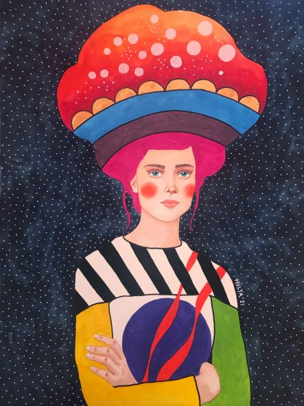 The vibrant Art Print, "Early Warning Signs" by Hulya Ozdemir from the fap Brand, features a whimsical depiction of a person with pink hair donning a large, colorful mushroom-shaped hat. They are dressed in a multi-colored striped outfit and hold a spherical object adorned with red ribbon-like accents. The starry night sky background pops on 250gsm Satin Paper in this eye-catching piece from the Featured Artists Collection.