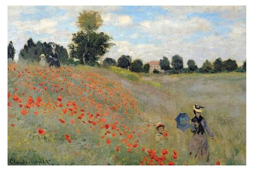 A MEZ 113 Claude Monet Poster Poppy Field depicts a scenic field of red poppies. Two pairs of people are present: a woman holding a blue umbrella and a child in the foreground, and another woman and child in the background. Trees and a cloudy sky can be seen in the distance.