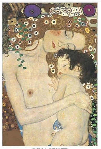 The "Gustav Klimt - Mother & Child" by ART 044 showcases a woman with long hair adorned with flowers, holding a peacefully sleeping child against her chest. This piece, part of the Decor Series, features a background filled with floral patterns and vibrant colors.