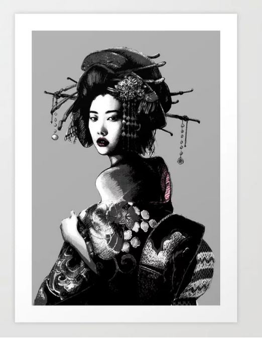 Art Print: Geisha by Chicca Besso by GAP, an artistic illustration in grayscale and color accents depicting a woman in traditional Japanese attire. Her intricate kimono features various patterns, and she wears an elaborate hairstyle adorned with hairpins. She gazes over her shoulder with a serene and poised expression, perfect for any Gallery Series collection.