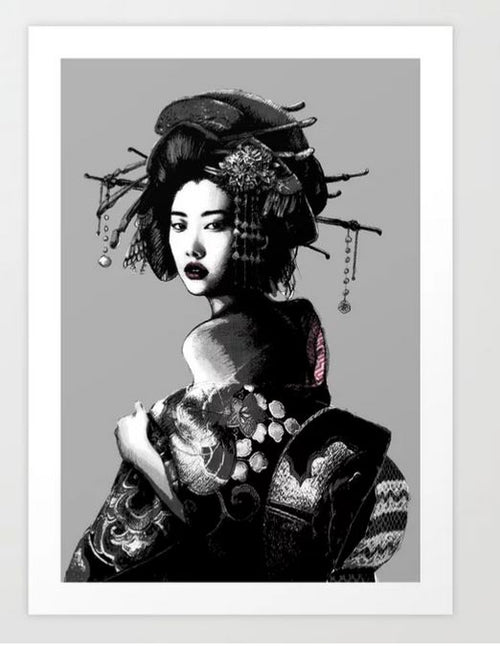 Art Print: Geisha by Chicca Besso by GAP, an artistic illustration in grayscale and color accents depicting a woman in traditional Japanese attire. Her intricate kimono features various patterns, and she wears an elaborate hairstyle adorned with hairpins. She gazes over her shoulder with a serene and poised expression, perfect for any Gallery Series collection.