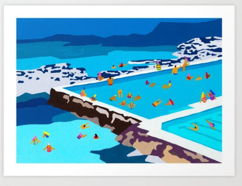 Stylized illustration of a vibrant swimming pool adjacent to the ocean. The pool is filled with colorful, small figures enjoying the water. The overall palette features bright blues and contrasting colors, with abstract shapes representing the surrounding landscape. Ideal for Scenic Art Print enthusiasts. Presenting Iceberg pools by Helo Birdie from GAP.