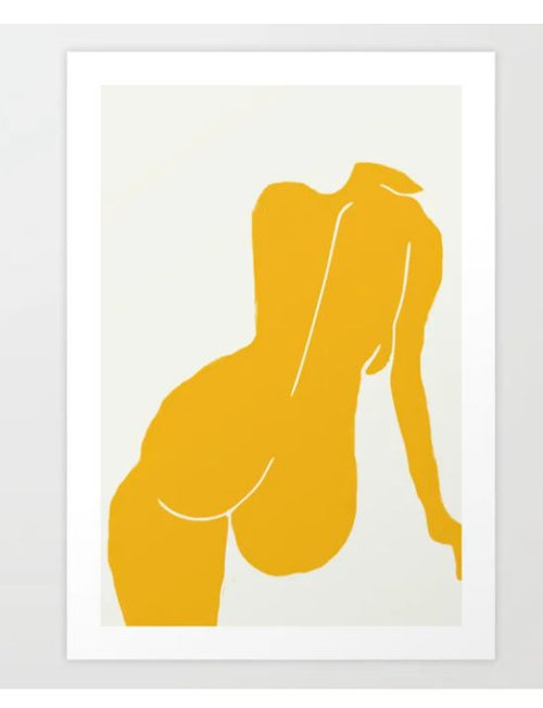 Minimalist artwork from GAP, featuring the Nude in Yellow by Little Dean, an abstract yellow silhouette of a human figure on a white background. The headless figure leans to one side, with smooth, curved lines illustrating the body's form. Printed on high-quality archival paper.