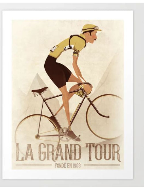 Vintage-style illustration of a cyclist in yellow and black gear riding a racing bicycle. The background features stylized mountain shapes. This Vintage Racing Road Bike by Wyatt Design, part of our Gallery Series from GAP, is crafted on archival paper. Text at the bottom reads "LA GRAND TOUR" with "Fondé en 1903" underneath.