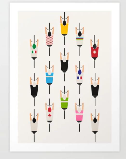 An illustration of fourteen cyclists seen from above, each wearing different colored outfits and national flags such as Italy, Japan, and Canada. They are positioned in two vertical columns, implying they are in a race. Printed on archival paper as part of the Gallery Series by GAP, the background is plain white. This artwork is titled "Bicycle Squad by Raccoon.