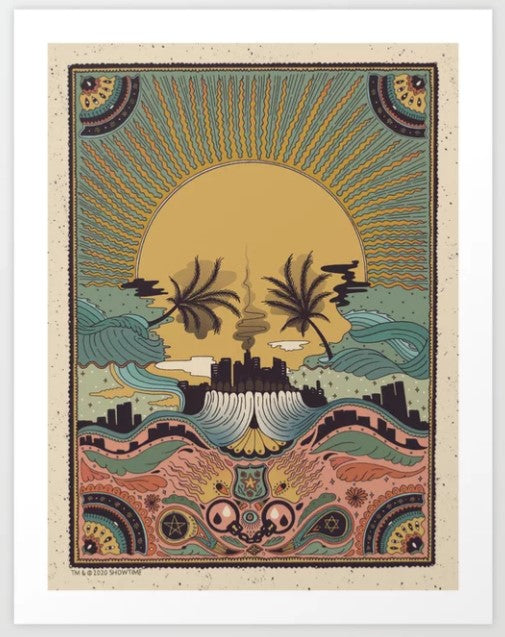 A stylized, colorful poster from the Large Gallery Series Art Prints features a large yellow sun at the center with intricate designs radiating outward. Below the sun is a cityscape with smoke trails, surrounded by waves, plants, and abstract patterns in vibrant hues. The border boasts ornate motifs. The LA Inspired by Cassidy Rae Marietta by GAP captures this essence beautifully.