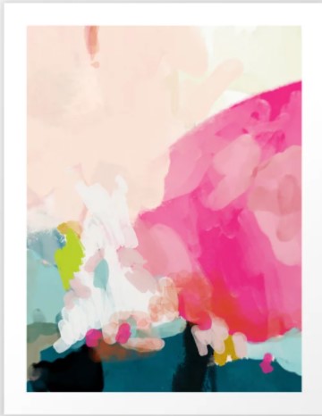 Pink Sky by Lalunetricotee from GAL10 offers an abstract art print with a flowing blend of pale pink, vibrant pink, teal, and green shades, part of the Gallery Series.