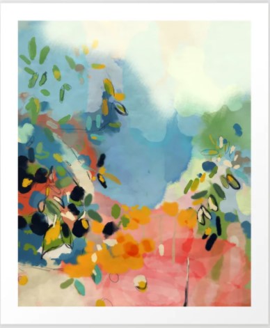 This Garden with Sea View by Lalunetricotee features vibrant splashes of blue, green, orange, and yellow on archival paper. Leaf-like shapes and fluid forms blend together, creating a dynamic and lively composition. Part of the GAP Gallery Series, the artwork is framed in a white border.
