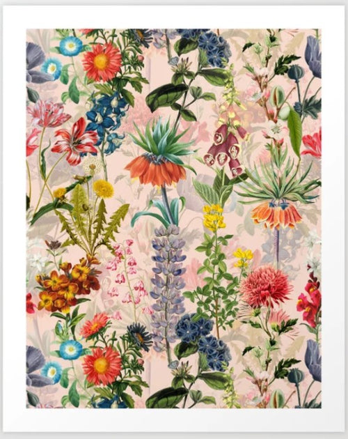 A vibrant floral pattern featuring a variety of colorful flowers, including lilies, sunflowers, and roses, set against a beige background with subtle overlapping leaf designs. The flowers are illustrated in vivid red, pink, blue, yellow, and green hues. This exquisite art print is part of our exclusive Gallery Series and is printed on high-quality archival paper for lasting beauty. Introducing "Flower Garden by Art Vintage & Love" from Blue Dog Posters.