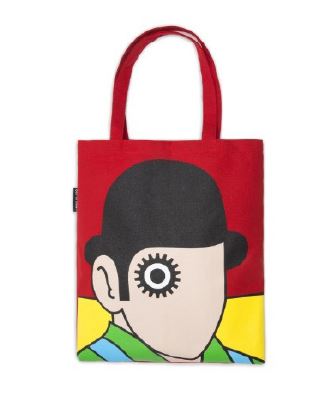 Part of our Giftware Collection, the Blue Dog Posters Out of Print A Clockwork Orange Tote features an abstract design of a person with a bowler hat, wide gear-shaped eye marking, and minimalist facial features against a colorful background of yellow and green stripes. The handles are also red. Perfect for fans of unique tote bags and literature-inspired art.