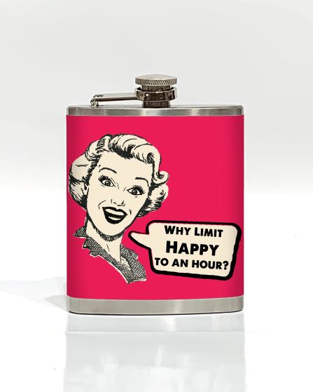 Part of our Cool Gifts Collection, the Why Limit Happy Hip Flask by Blue Dog Posters features a stainless steel design with a retro illustration of a smiling woman against a bright pink background. The woman has a speech bubble that says, "WHY LIMIT HAPPY TO AN HOUR?