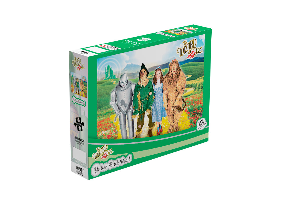 An officially licensed Wizard of Oz - 1000pc Puzzle by Blue Dog Posters featuring the characters from "The Wizard of Oz." The cover shows the Tin Man, the Scarecrow, Dorothy, and the Cowardly Lion walking on the yellow brick road with a colorful landscape and the Emerald City in the background. Perfect for any Giftware Collection.