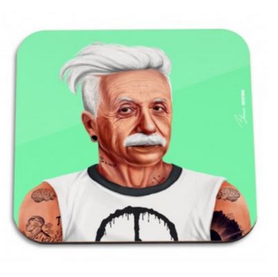 Digital artwork of an older man with white hair styled back, wearing a sleeveless T-shirt with a peace sign and showcasing multiple tattoos on his arms. He has a white mustache and ear gauges. The background is a solid mint green, adding to this eclectic **Hipstory Coaster Albert Einstein by Blue Dog Posters** collection theme.