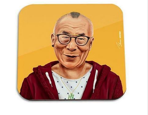 Illustration of an elderly man with glasses and a slight smile, wearing a red hoodie over a white shirt with dots. The background is a solid mustard yellow color. He also has a necklace with a green pendant from the Hipstory Coaster Dalai Lama by Blue Dog Posters.