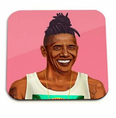 A stylized illustration of a smiling person with dark skin and dreadlocks tied up in a high bun, wearing a white sleeveless top. The background is pink. The person, part of our new Blue Dog Posters Hipstory Coaster Barack Obama, has tattoos on both shoulders and appears to be happy.