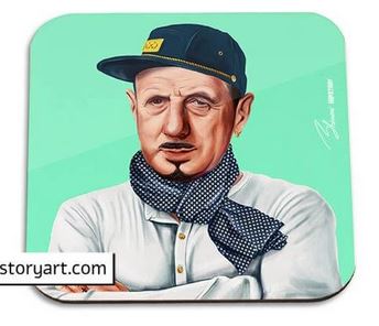 A digital illustration of a man with a serious expression. He wears a black cap with a yellow emblem, a white shirt, and a polka-dotted scarf around his neck. The background is light green, complementing any homewares collection. The Hipstory Coaster De Gaulle by Blue Dog Posters features the signature "Ben Heine" on the right, and "storyart.com" on the left.