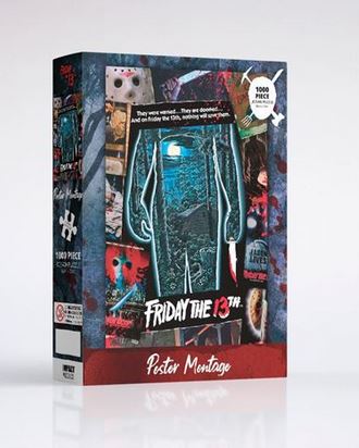 Box of a 1000-piece jigsaw puzzle from the officially licensed Blue Dog Posters "Friday the 13th" Giftware Collection. The Friday the 13th Montage 1000pc Puzzle features a montage of posters from the horror movie series, including iconic masks and scenes, with the title "Friday the 13th" prominently displayed.