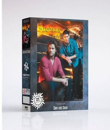 A jigsaw puzzle box featuring an image of two men in an intense setting. The officially licensed box displays the title "Supernatural Join The Hunt" and "Sam and Dean." This Blue Dog Posters Supernatural Sam and Dean 1000pc Puzzle showcases the two men seated, one in a red shirt and the other in a blue shirt, making it perfect for any giftware collection.