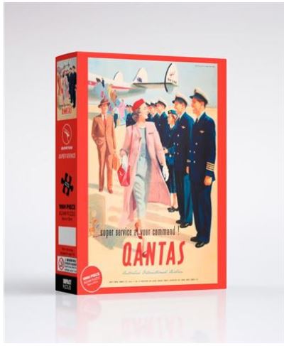 A Blue Dog Posters box featuring vintage artwork of well-dressed passengers disembarking a Qantas airplane and being greeted by uniformed airline staff. The text reads, "super service at your command Qantas". This officially licensed 1000-piece puzzle, the Qantas Super Service 1000pc Puzzle, is part of an exclusive giftware collection.