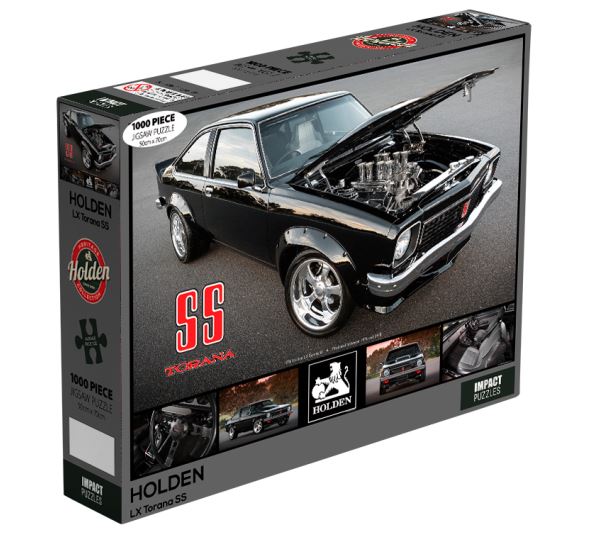Box containing a Holden - 1976 LX Torana 1000pc Puzzle by Blue Dog Posters. The front and side view of the car is displayed prominently on the box. Part of our Giftware Collection, the branding includes "SS" and "HOLDEN" logos, with additional car detail images on the lower section.