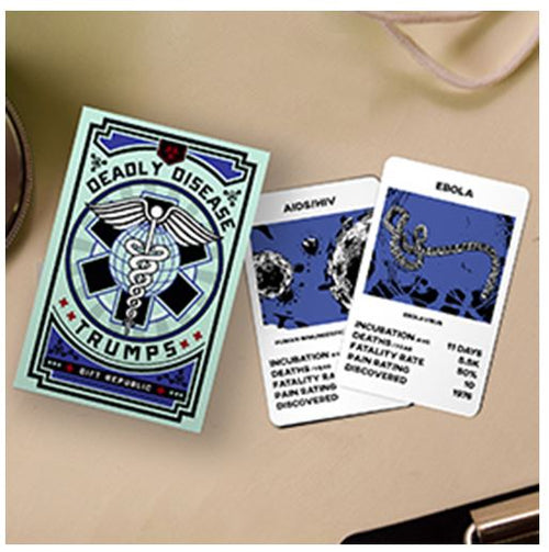 An image displays a card game called "Gift Republic - Deadly Disease Trumps." The box of this quality game by Blue Dog Posters is visible on the left side, and two disease cards named "AIDS/HIV" and "Ebola" are spread out to the right side of the box. Perfect for fans of portable games, it also makes cool gifts.