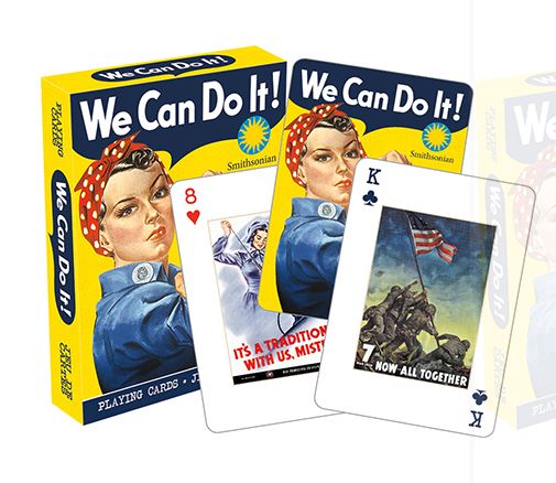 A pack of Blue Dog Posters Smithsonian-branded playing cards with "We Can Do It!" artwork on the box. Two cards are displayed in front: the 8 of hearts features a woman saluting, and the King of clubs displays an iconic World War II image of soldiers raising an American flag. Cool gifts for any history-loving crew!