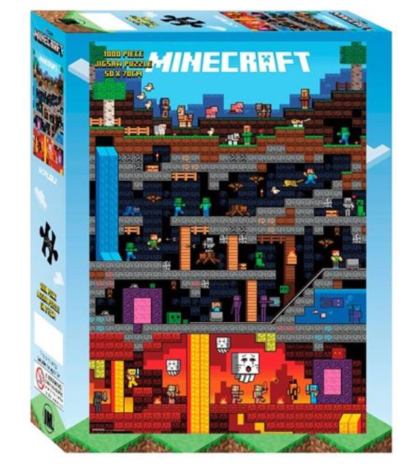 A "Minecraft Worldly - 1000pc Puzzle" by Blue Dog Posters, part of the officially licensed Giftware Collection. The box features a colorful, pixelated cross-section of a Minecraft world, showcasing various layers, characters, and structures. The text "MINECRAFT" is prominently displayed at the top.