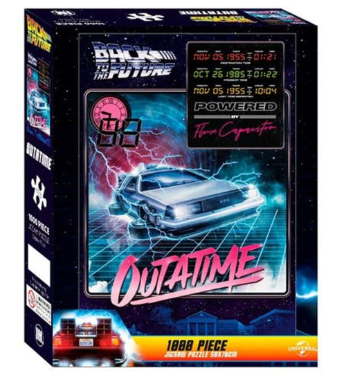 A Blue Dog Posters 1000-piece jigsaw puzzle featuring the "Back to the Future" movie. The box shows the iconic DeLorean car with glowing trails, surrounded by neon colors and 'OUTATIME' text. Officially licensed, this Back To The Future Outatime 1000p Puzzle is perfect for any Giftware Collection, including dates from the movie's timeline and a Flux Capacitor illustration.