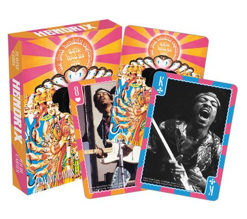 Discover a colorful box of Jimi Hendrix Playing Cards from Blue Dog Posters, featuring psychedelic artwork and photos of the musician. Two cards are shown: one pink-edged with the number 8 and a vibrant photo of him playing guitar, and one blue-edged with the letter K and a black-and-white photo of him singing. Ideal for game night laughs!