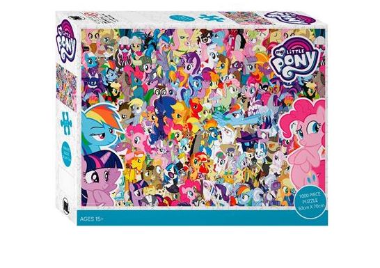 A colorful box of a 1000-piece "My Little Pony Characters - 1000pc Puzzle" from Blue Dog Posters. The box features various "My Little Pony" characters in vibrant colors. The image on the box shows a collage of numerous ponies. The puzzle measures 50cm x 70cm and is recommended for ages 15 and up.