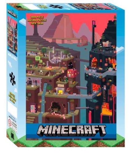 A 1000-piece jigsaw puzzle box featuring a colorful 'Minecraft' scene. The illustrated design showcases various structures, characters, and landscapes from the game, including blocky mountains, lava flows, and pixelated buildings. Part of an officially licensed giftware collection, the title "Minecraft World Red 1000pc Puzzle" by Blue Dog Posters is at the bottom.