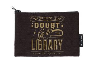 A black zippered pouch with gold text that reads "WHEN IN DOUBT Go to the LIBRARY," followed by a smaller text, "HERMIONE GRANGER." The pouch has a small black tag on the side with white text "BLUE DOG POSTERS.