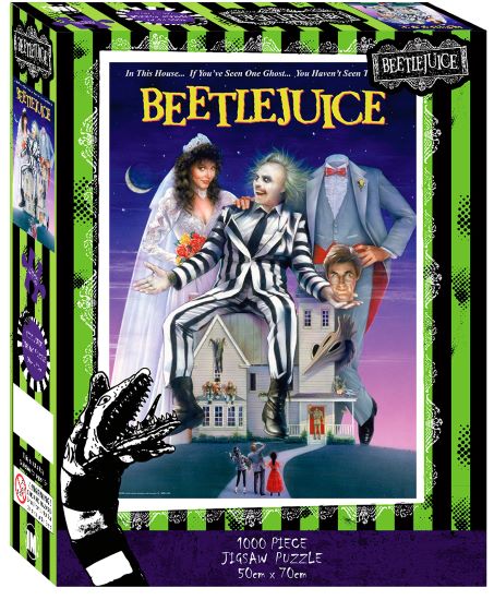 Box cover of the Beetlejuice Key Art 1000pc Puzzle from Blue Dog Posters, featuring the officially licensed movie Beetlejuice. The central image shows Beetlejuice in his striped suit, sitting on a house with characters from the movie around him. The box design includes the movie title, dimensions 50cm x 70cm, and decorative elements.