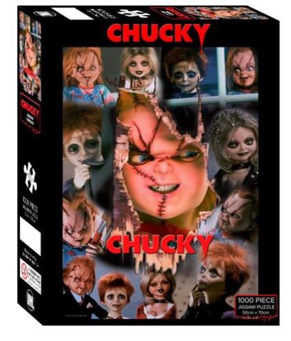 A "Chucky - Here's Chucky 1000pc Puzzle" by Blue Dog Posters, perfect for fans of officially licensed giftware, showcases multiple images of the iconic horror character, Chucky, in various menacing expressions and poses. The central image displays Chucky's stitched face prominently. The box dimensions are 50cm x 70cm.