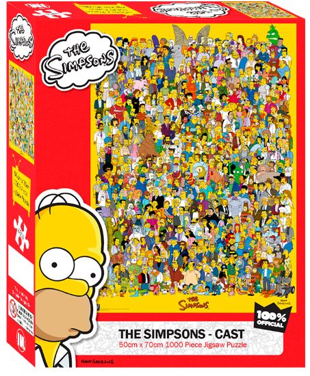 Box for "The Simpsons Cast 1000pc Puzzle" by Blue Dog Posters. This officially licensed giftware collection item has a red box with a large illustration of Homer Simpson in the bottom-left corner. The puzzle image shows numerous characters from the show crowded together with a yellow background.