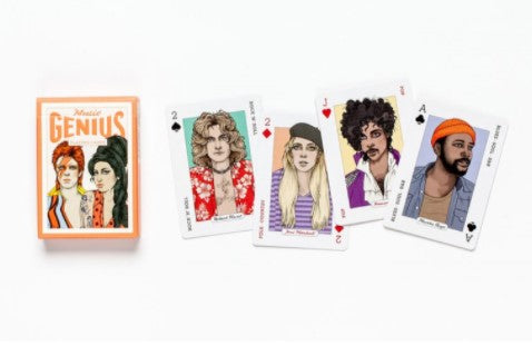 A deck of Music Genius Playing Cards from Blue Dog Posters features illustrated portraits of famous musicians, crafted with quality materials. Visible cards include: two of spades with the portrait of a musician, three of hearts, jack of diamonds, queen of clubs, and ace of diamonds. Perfect for cool gifts or portable games.