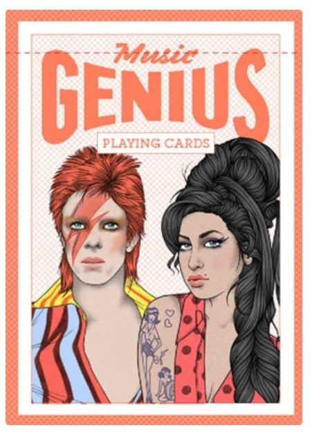 A deck of playing cards titled "Music Genius Playing Cards" by Blue Dog Posters features illustrated portraits of a man with colorful lightning bolt face paint and a woman with tattoos and a beehive hairstyle. Made from quality materials, these cool gifts prominently display the text "Music Genius Playing Cards" at the top in vivid orange and peach colors.